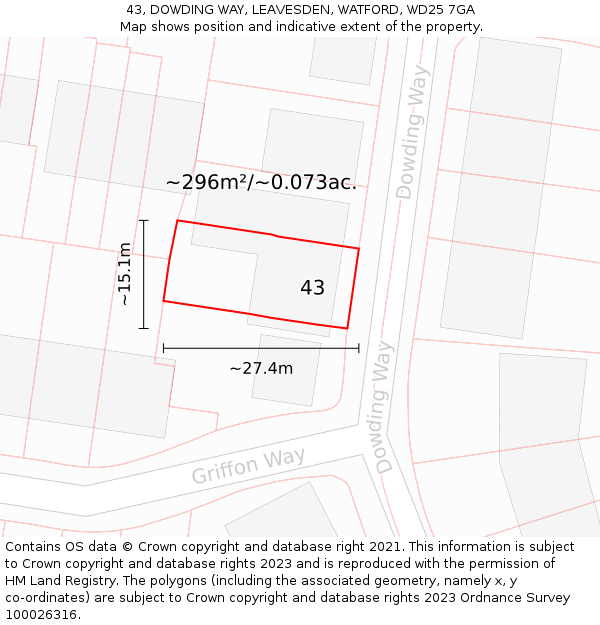 43, DOWDING WAY, LEAVESDEN, WATFORD, WD25 7GA: Plot and title map