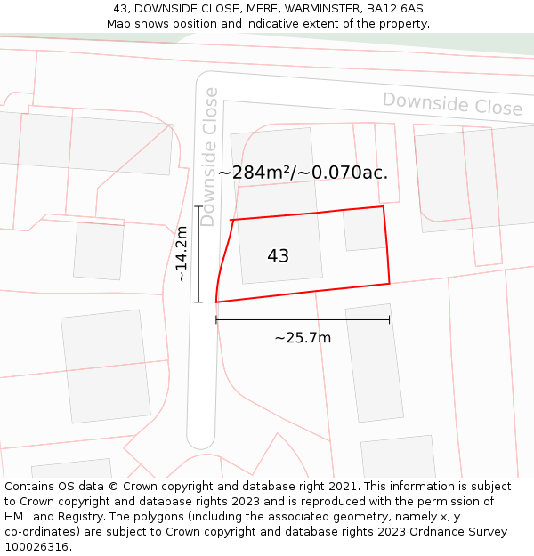 43, DOWNSIDE CLOSE, MERE, WARMINSTER, BA12 6AS: Plot and title map