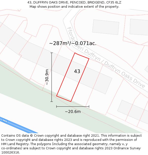 43, DUFFRYN OAKS DRIVE, PENCOED, BRIDGEND, CF35 6LZ: Plot and title map