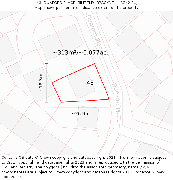 43, DUNFORD PLACE, BINFIELD, BRACKNELL, RG42 4UJ: Plot and title map