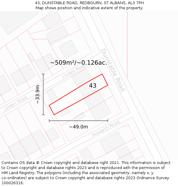43, DUNSTABLE ROAD, REDBOURN, ST ALBANS, AL3 7PH: Plot and title map