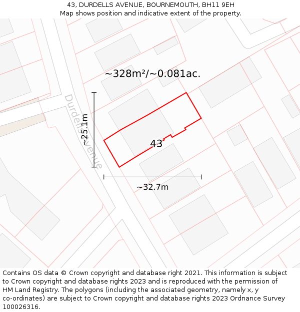 43, DURDELLS AVENUE, BOURNEMOUTH, BH11 9EH: Plot and title map