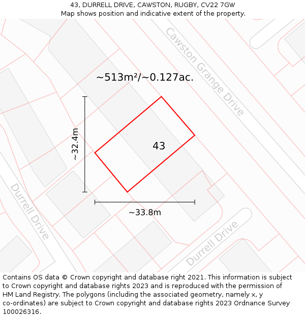 43, DURRELL DRIVE, CAWSTON, RUGBY, CV22 7GW: Plot and title map