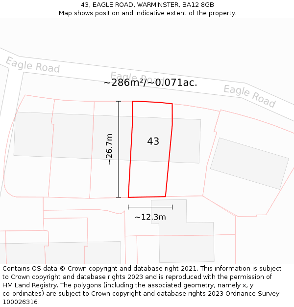 43, EAGLE ROAD, WARMINSTER, BA12 8GB: Plot and title map