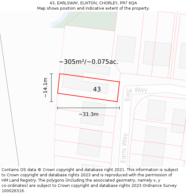 43, EARLSWAY, EUXTON, CHORLEY, PR7 6QA: Plot and title map