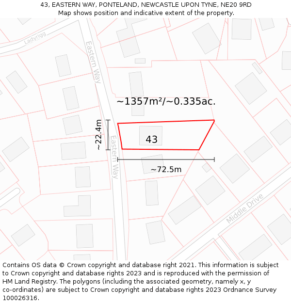 43, EASTERN WAY, PONTELAND, NEWCASTLE UPON TYNE, NE20 9RD: Plot and title map