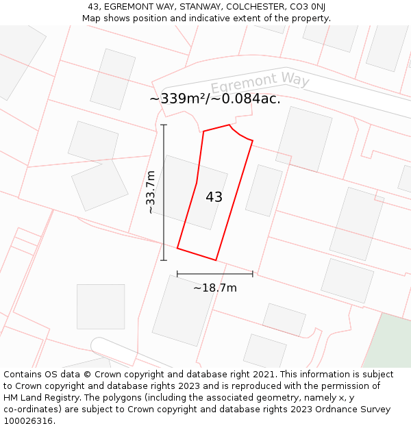 43, EGREMONT WAY, STANWAY, COLCHESTER, CO3 0NJ: Plot and title map