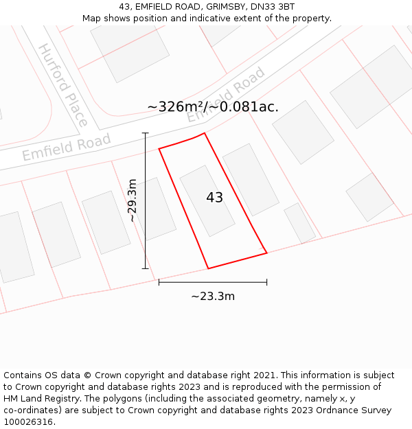 43, EMFIELD ROAD, GRIMSBY, DN33 3BT: Plot and title map