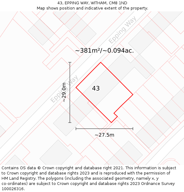 43, EPPING WAY, WITHAM, CM8 1ND: Plot and title map
