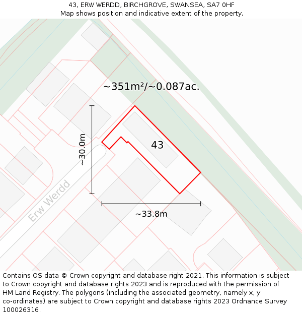 43, ERW WERDD, BIRCHGROVE, SWANSEA, SA7 0HF: Plot and title map