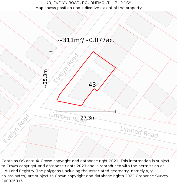 43, EVELYN ROAD, BOURNEMOUTH, BH9 1SY: Plot and title map