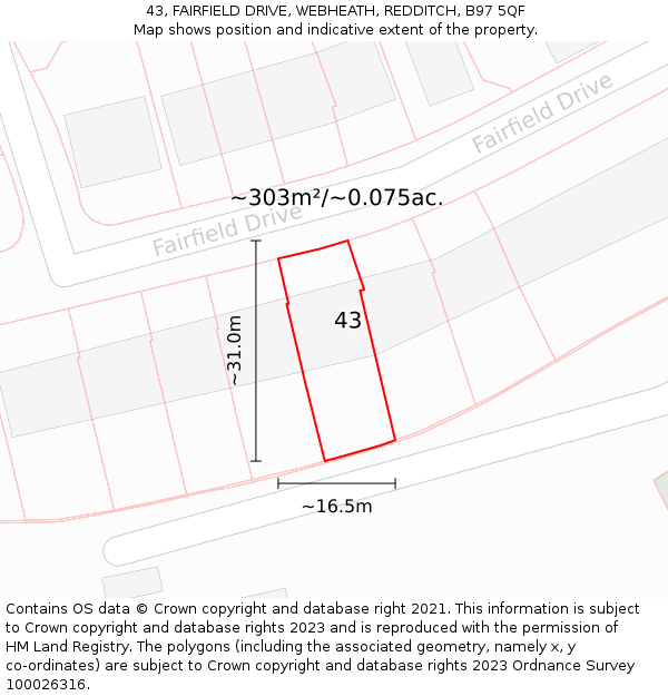 43, FAIRFIELD DRIVE, WEBHEATH, REDDITCH, B97 5QF: Plot and title map