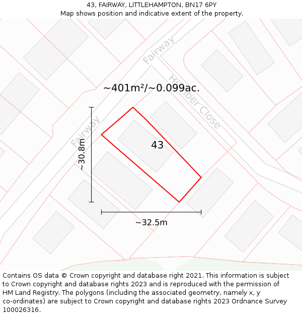43, FAIRWAY, LITTLEHAMPTON, BN17 6PY: Plot and title map