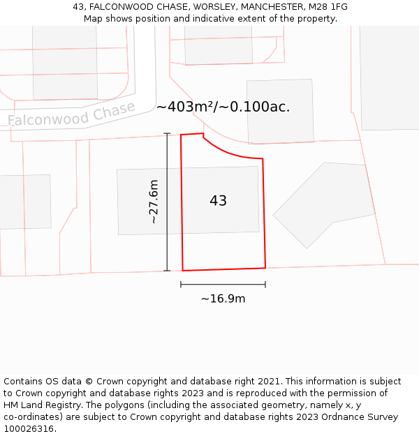 43, FALCONWOOD CHASE, WORSLEY, MANCHESTER, M28 1FG: Plot and title map