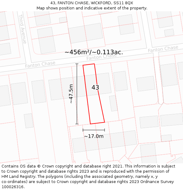 43, FANTON CHASE, WICKFORD, SS11 8QX: Plot and title map
