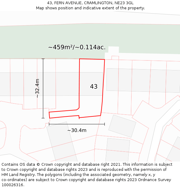 43, FERN AVENUE, CRAMLINGTON, NE23 3GL: Plot and title map