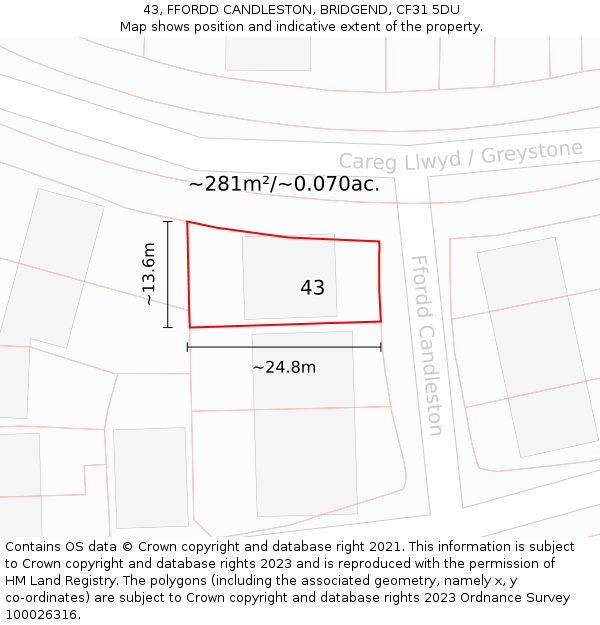 43, FFORDD CANDLESTON, BRIDGEND, CF31 5DU: Plot and title map