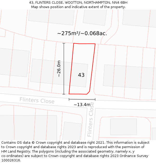 43, FLINTERS CLOSE, WOOTTON, NORTHAMPTON, NN4 6BH: Plot and title map
