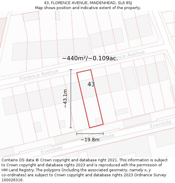 43, FLORENCE AVENUE, MAIDENHEAD, SL6 8SJ: Plot and title map