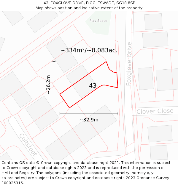 43, FOXGLOVE DRIVE, BIGGLESWADE, SG18 8SP: Plot and title map