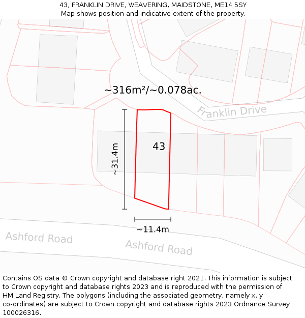 43, FRANKLIN DRIVE, WEAVERING, MAIDSTONE, ME14 5SY: Plot and title map
