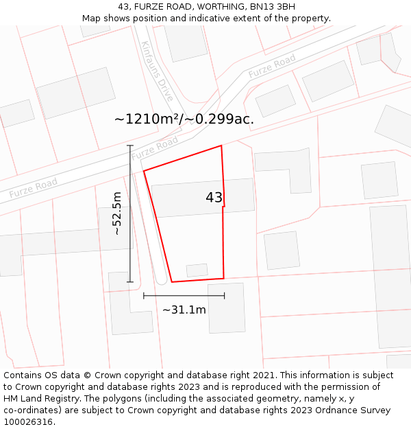 43, FURZE ROAD, WORTHING, BN13 3BH: Plot and title map