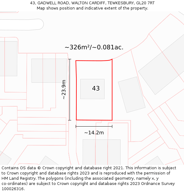 43, GADWELL ROAD, WALTON CARDIFF, TEWKESBURY, GL20 7RT: Plot and title map