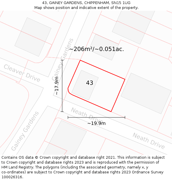 43, GAINEY GARDENS, CHIPPENHAM, SN15 1UG: Plot and title map