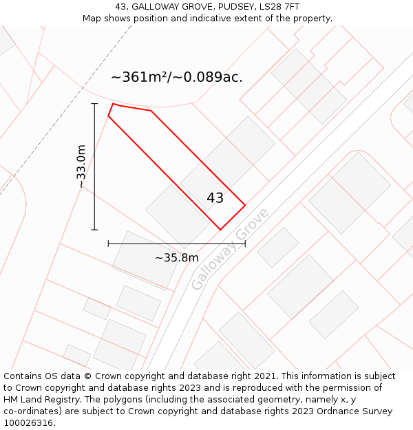 43, GALLOWAY GROVE, PUDSEY, LS28 7FT: Plot and title map