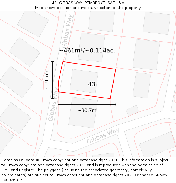 43, GIBBAS WAY, PEMBROKE, SA71 5JA: Plot and title map