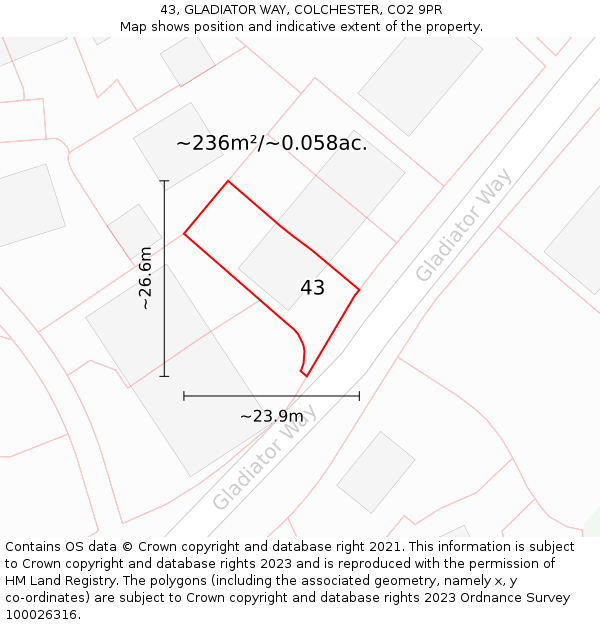 43, GLADIATOR WAY, COLCHESTER, CO2 9PR: Plot and title map
