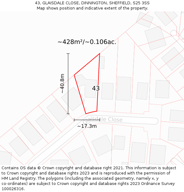 43, GLAISDALE CLOSE, DINNINGTON, SHEFFIELD, S25 3SS: Plot and title map