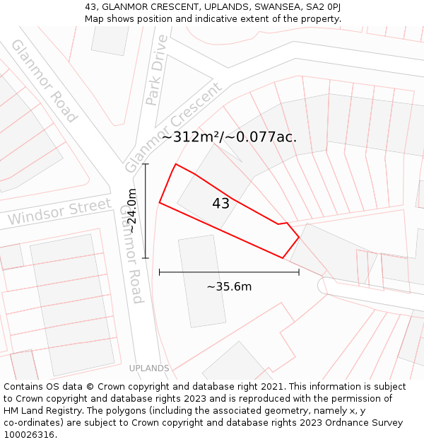 43, GLANMOR CRESCENT, UPLANDS, SWANSEA, SA2 0PJ: Plot and title map