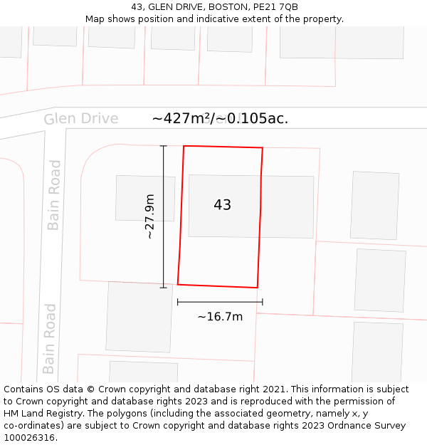 43, GLEN DRIVE, BOSTON, PE21 7QB: Plot and title map