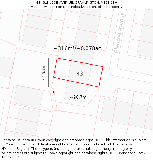 43, GLENCOE AVENUE, CRAMLINGTON, NE23 6EH: Plot and title map