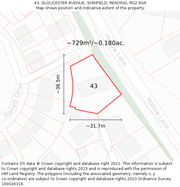 43, GLOUCESTER AVENUE, SHINFIELD, READING, RG2 9GA: Plot and title map