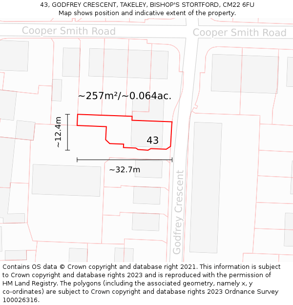 43, GODFREY CRESCENT, TAKELEY, BISHOP'S STORTFORD, CM22 6FU: Plot and title map