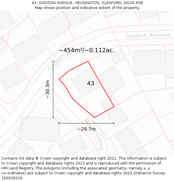 43, GODSON AVENUE, HECKINGTON, SLEAFORD, NG34 9SB: Plot and title map