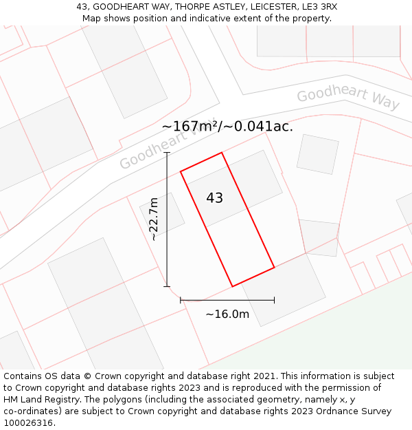 43, GOODHEART WAY, THORPE ASTLEY, LEICESTER, LE3 3RX: Plot and title map