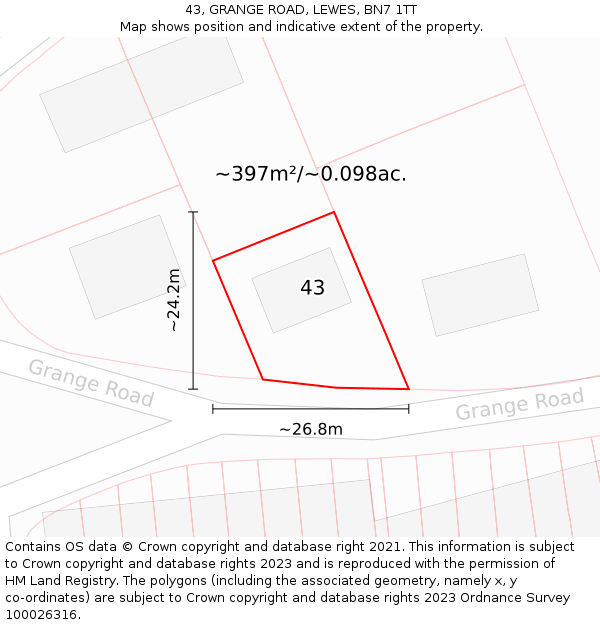43, GRANGE ROAD, LEWES, BN7 1TT: Plot and title map