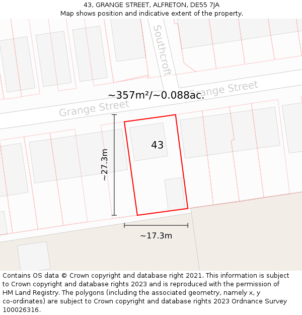 43, GRANGE STREET, ALFRETON, DE55 7JA: Plot and title map