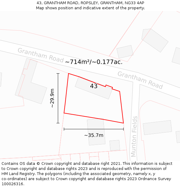 43, GRANTHAM ROAD, ROPSLEY, GRANTHAM, NG33 4AP: Plot and title map