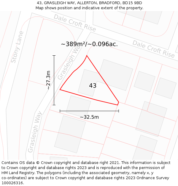 43, GRASLEIGH WAY, ALLERTON, BRADFORD, BD15 9BD: Plot and title map