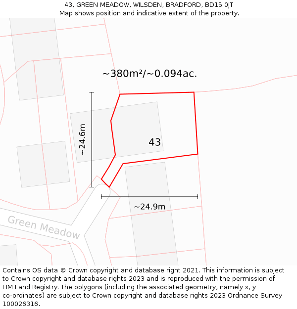 43, GREEN MEADOW, WILSDEN, BRADFORD, BD15 0JT: Plot and title map