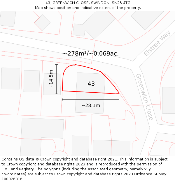 43, GREENWICH CLOSE, SWINDON, SN25 4TG: Plot and title map