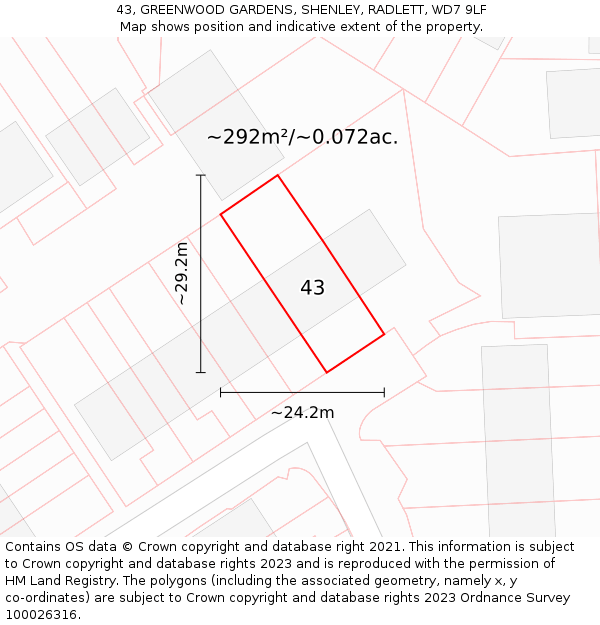 43, GREENWOOD GARDENS, SHENLEY, RADLETT, WD7 9LF: Plot and title map