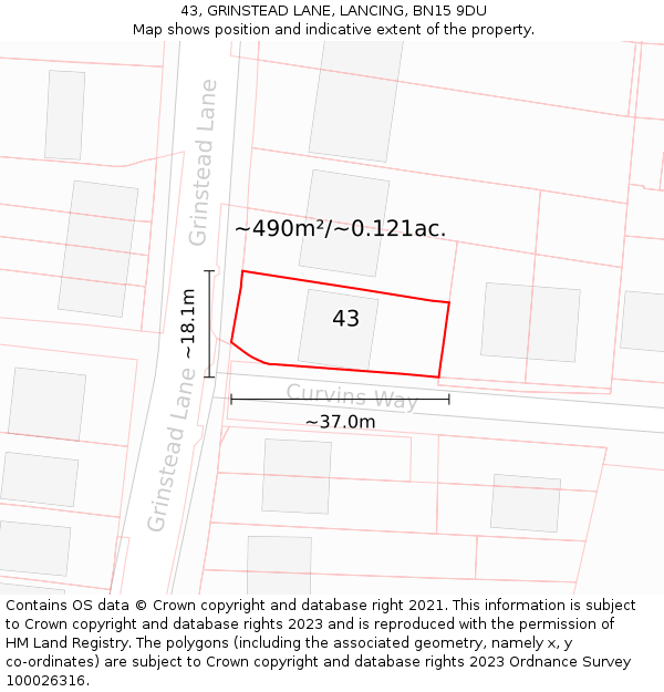 43, GRINSTEAD LANE, LANCING, BN15 9DU: Plot and title map