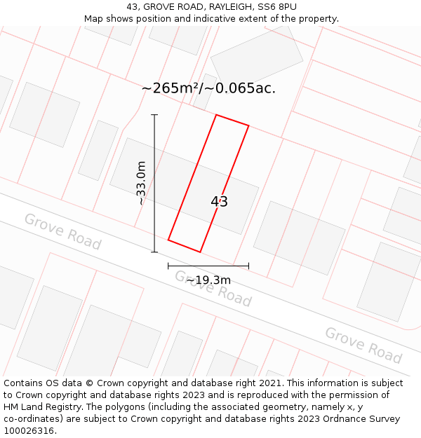 43, GROVE ROAD, RAYLEIGH, SS6 8PU: Plot and title map