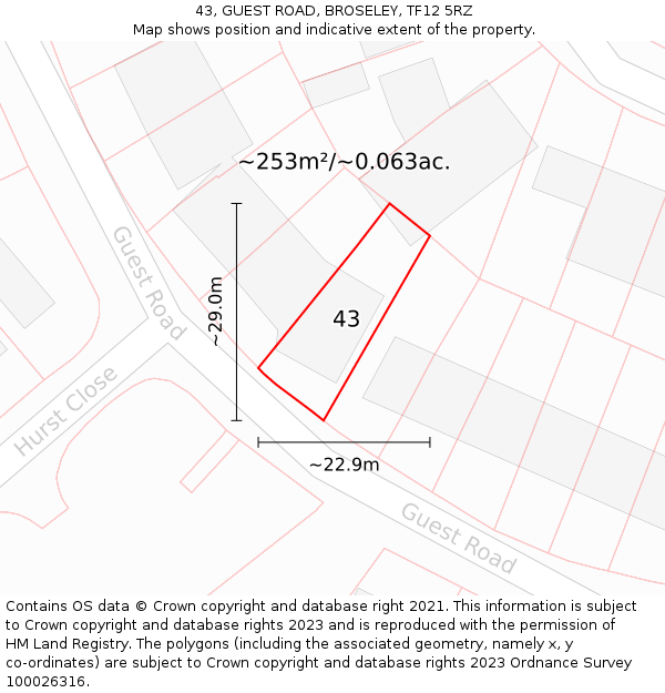 43, GUEST ROAD, BROSELEY, TF12 5RZ: Plot and title map