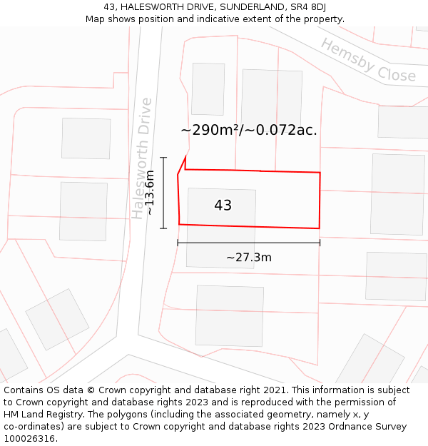43, HALESWORTH DRIVE, SUNDERLAND, SR4 8DJ: Plot and title map